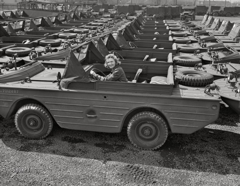 April 1943. "Detroit. Transportation of U.S. Army equipment. Amphibian jeeps waiting to be loaded on trucks." Photo by Arthur Siegel, Office of War Information. View full size.
