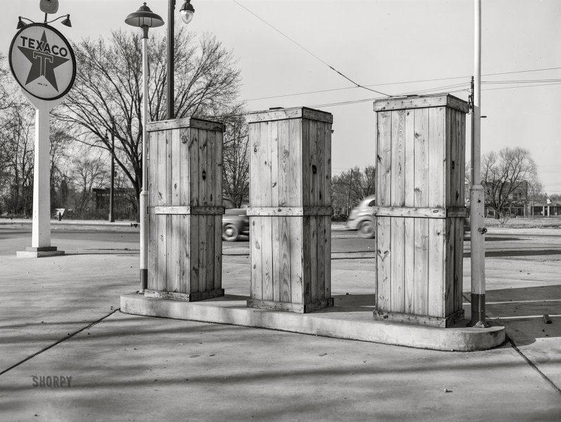 April 1943. "Detroit, Michigan. Boarded-up pumps at a closed gas station." Medium format acetate negative by Arthur S. Siegel for the Office of War Information. View full size.
