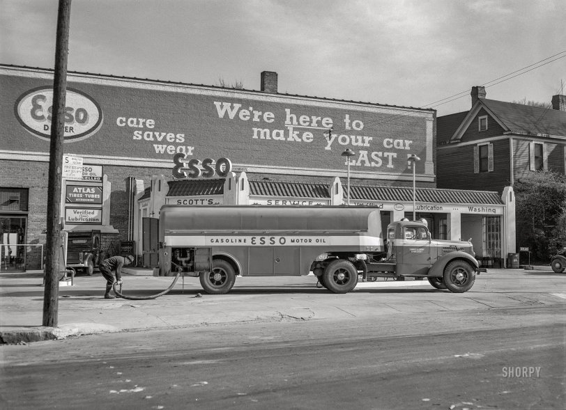 March 1943. "Charlotte, North Carolina. Gasoline truck making a delivery at a filling station." Acetate negative by John Vachon for the Office of War Information. View full size.