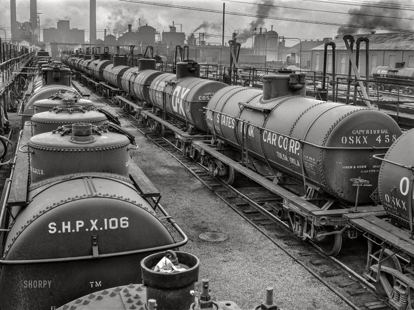 October 1942. "Tulsa, Oklahoma. Loading rack at the Mid-Continent refinery, Tulsa station of the Great Lakes pipeline." Photo by John Vachon, Office of War Information. View full size.