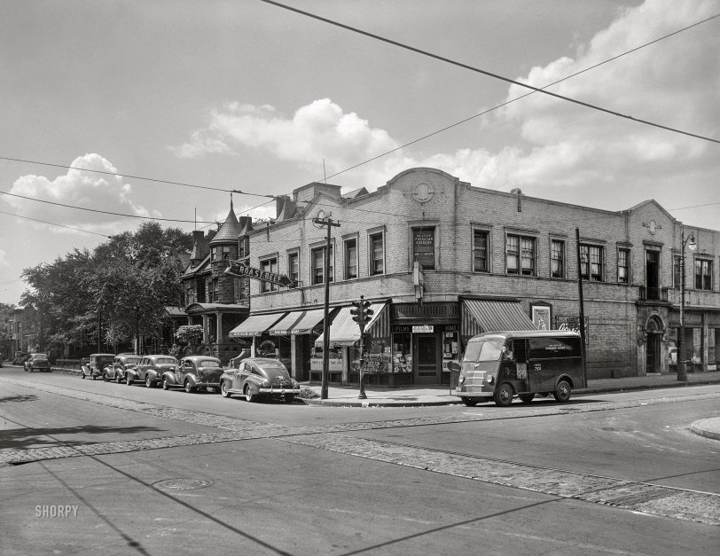 June 1941. "Detroit, Michigan. Neighborhood where Charles A. Lindbergh was born." The For-Ham Pharmacy (and Dutch's Real Way Roast Beef) at the intersection of West Forest and Hamilton avenues. Photo by Arthur S. Siegel, Office of War Information. View full size.