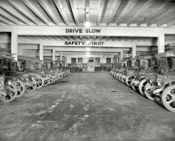 Washington, D.C., circa 1925. "C & P Tel. Co." The Chesapeake & Potomac telephone company garage, and a fleet of White trucks with solid rubber tires. National Photo Company Collection glass negative. View full size.