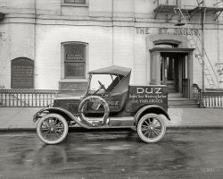 Washington, D.C., circa 1925. "Ford Motor Co. -- Duz delivery car at St. James Hotel." National Photo Company glass negative. View full size.
Duz DishesI remember when I was a very small kid (early '60s) that Duz came with a drinking glass inside each box.
You had to buy more to complete the set! 
It was always fun opening a new box and digging out the glass.
Three-letter wordsare cleaner than four-letter words.
The St. James HotelWas on the south side of Pennsylvania Avenue near the old B&amp;P railroad station. A brief writeup can be found here.
&quot;Blondie&quot;"Duz" does everything!!!!! (along with sponsoring the old "Blondie" radio program featuring Penny Singleton and Arthur Lake.
Looks to expensive to come in a detergentBut it DOES, in DUZ! My mom would never buy it, though. She always used Cheer.

(The Gallery, Cars, Trucks, Buses, D.C., Natl Photo)