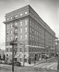 Norfolk, Virginia, circa 1906. "Atlantic Hotel, Granby Street." Demolished 1970s. 8x10 inch dry plate glass negative, Detroit Publishing Company. View full size.
At Granby and MainView Larger Map
The hotel was located here where the refuse truck is parked. The Atlantic was built in 1859, and was used briefly as a Confederate command headquarters in 1861. It burned in 1867 and was rebuilt. It burned again in 1902 and again was rebuilt. It finally closed in 1976, was torn down and replaced by a rather ugly building. However, down the street and next door, the building with the awning still stands, but greatly altered. But it does have a rather nice Irish pub.
Atlantic HotelWhen they sold off the furnishings before demolition I obtained one of the octagonal pieces of marble from the lobby floor. I use it for the base of a statue. 
The Modern Puritans F.H.P. ?I was wondering what kind of organization the Modern Puritans were and managed to dig up some information that they were essentially a life insurance company.
(The Gallery, DPC)