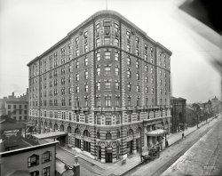 Rochester, New York, circa 1908. "Hotel Seneca." The interior seen earlier here. 8x10 inch dry plate glass negative, Detroit Publishing Company. View full size.
TO LET sign in windowI'll bet there's a shorpyesque youngster lurking somewhere nearby just waiting for the opportune moment to add an "I". No wonder they switched to FOR RENT or LEASE, lower graffiti remediation costs.  
(The Gallery, DPC, Rochester)