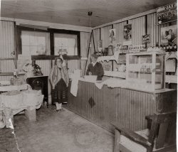 These are my grandparents Salvatore and Rosa Cristina Tedesco in their oyster shop. Salvatore was born in Termini Imerese, Sicily, Rosa was born in New Orleans, LA. but her parents were born in Ustica, Sicily. Sorry, the picture is very faded. I do not know where the shop was located in New Orleans, but the interesting thing to me about the picture is to the right there is a sign "2 dozen oysters for 25 cents".  Oh how we wish that was the cost of oysters now! View full size.
(ShorpyBlog, Member Gallery)