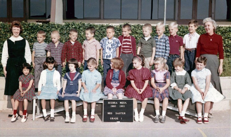 Apparently the school photographer had little control over his subjects who are looking everywhere but at the camera in this 1960 photo of Mrs. Sauter's First Grade class at Sierra Mesa Elementary School in Sierra Madre, Calif. I am second the kid from left in the top row. Sadly, Sierra Mesa, which opened in 1954, was torn down in 2012 to make way for a new school. View full size.
