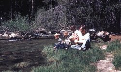 My in-laws loved to travel, usually in California. This was the Sequoia National Park stop for the Tracy family's summer vacation of 1953.  My father-in-law would have set the camera on a rock or a log, set the timer, and hustled to get into the picture.  To this day my wife and I (she's the littlest one in the picture) still love to sit next to streams and watch them flow by. Photo by M. Tracy. View full size.