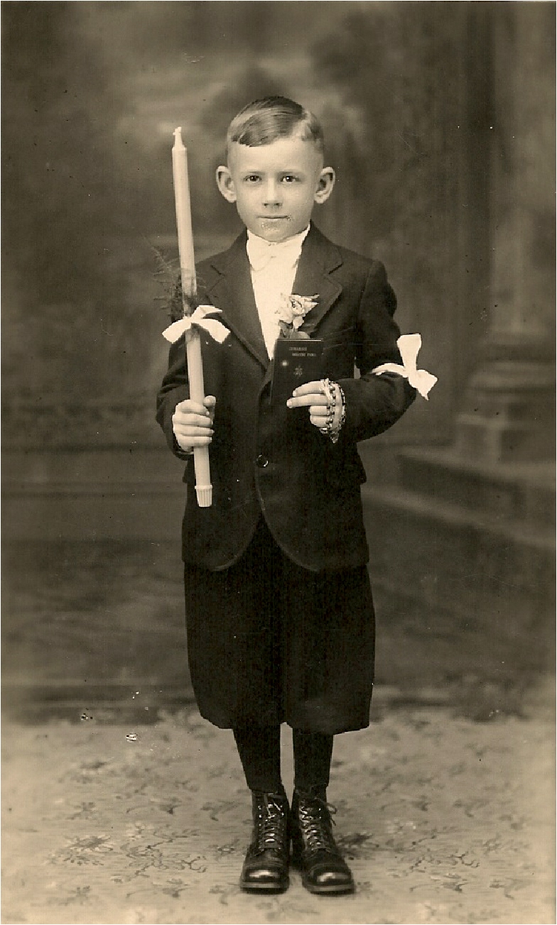 My Uncle Ted (Theodore Hojnacki 1922-1993) on the occasion of his First Holy Communion, circa 1929. Uncle Ted lived in Waterbury, Connecticut, served in the U.S. Army during WWII, married the former Edith Day in 1948, and together they raised three daughters. View full size.
