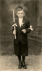 My Uncle Ted (Theodore Hojnacki 1922-1993) on the occasion of his First Holy Communion, circa 1929. Uncle Ted lived in Waterbury, Connecticut, served in the U.S. Army during WWII, married the former Edith Day in 1948, and together they raised three daughters. View full size.