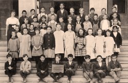 Found at a thrift shop. No date or other information.  Weed is a small town in the Northeast corner of California.  Any thoughts/guesses as to when this might have been taken or knowledge about Weed, CA appreciated! View full size.
SmilesThis has got to be the unhappiest-looking group of kids I've ever seen. Not one smile among them.
Gloomy grammar schoolHa!  I hadn't even noticed, but you're right!
1926My mother and dad were 7 and 8 years old in 1926. This pic reminds me very much of how they dressed and hair styles of that year.
What a job!I hope that poor teacher had some help! Well over 40 kids, probably six different grades. What a tremendous challenge!
(ShorpyBlog, Member Gallery)