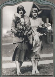 My grandmother Agnes Wells of Waterloo Ontario is turning 100 this month. This is a picture, likely shot in Waterloo, of her on the left and an unknown bridesmaid/maid of honor in 1929 or 1930. (might be a sister based on the nose). View full size.