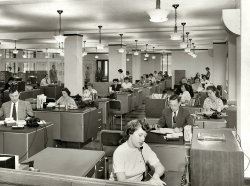 Anchor Insurance Co. in Los Angeles circa 1949. My parents met here -- Mom is on the right just behind the gent in the dark coat. View full size.
Grey suits?They're only grey because it's a black and white photo!
As a colouriser I would definitely be looking at doing some of them as tones of brown or blue as well as black and grey (50 shades of probably) - particularly Mr Tweedy at the left front.
Sense of CommunityAh, the days before we were all walled off into little cubes.
SwitchboardThat's a Western Electric 555 PBX. There's a working one installed at the Hotel Congress in Tucson, if you want to experience it firsthand. 
Classic Office SceneThe pushbutton flip-top address book on the switchboard cabinet looks like a prop out of Mad Men.
When I think of Insurance Offices of this eraI have a much different impression of what they looked like.
I notice the gent in the dark coat is using a Dictaphone device, confessing something perhaps?
Niche MarketHow much does it cost to insure an anchor anyway?
Search EngineThose big binders were the way you Googled something you needed to know.
The Men In The Grey Flannel SuitsWell probably not flannel, but still it makes it very easy to find LorenzoB's mom when the "landmark" is the only man in the whole office wearing a black (or navy) jacket while every other man is in fashionable grey. 
Working womenPlenty of working women in this office in 1949.  Proves the perception that it's a modern thing wrong.
My Momworked for the Maryland Casualty Company on the tenth floor of the Frank Leu building in Montgomery Alabama.  As I was born in 1946 her office was a little later than this one.  
She had a wooden desk with a foldup typewriter.  You would pull on the front of the desk and the typewriter would come up and the top went into the desk.  
I remember playing with the Dicktaphone disks when I would visit her at work.  They were the first true "Floppy disks".  About the size of a 45 rpm phonograph record but about the thickness of a real floppy.
Innocent times.
FlashbackWhen I first started working in an office in 1979, it looked very much like this.  Rows and rows of desks - pre-cubicle days for sure.  This was back in the days when we referred to our superiors and co-workers as Mr., Mrs. or Miss and whatever their last name was.  We still had to wear dresses and skirts with HOSE for sure!
For &quot;Flashback&quot;It's hard to believe our first days in an office in 1979 was closer in time to this picture than to today.
First 555 PBXWestern's first 555 was installed in 1952. This model had manual extensions. The 556 was created for businesses with dial extensions.
(ShorpyBlog, Member Gallery)