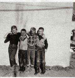 L to R - Mark, Gary (me), Dale (brother to Mark), George (my brother). George appears to be the only one armed and wearing cowboy boots. Taken sometime around 1965. View full size.