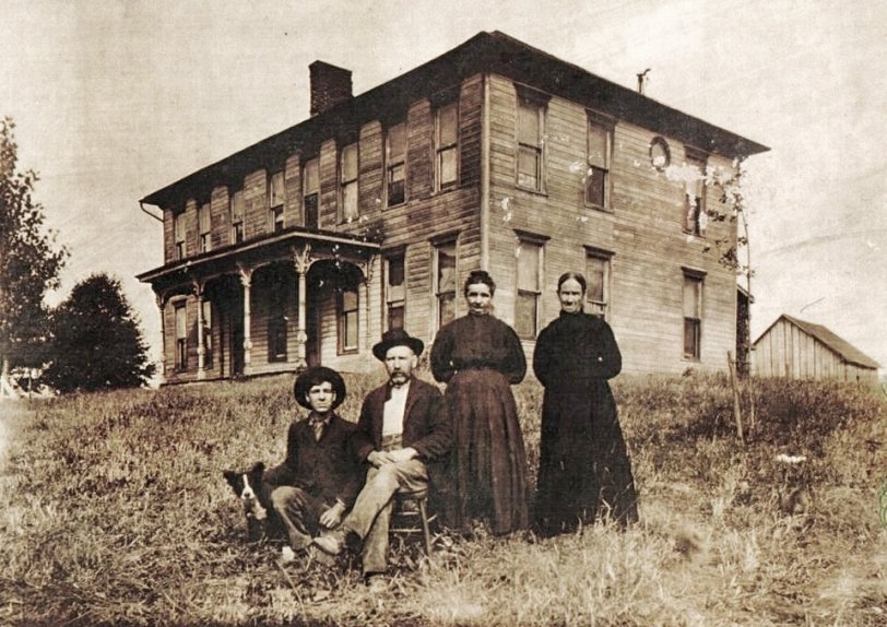 Mary Emily Lampton, born 1823 (right), daughter of Mary Cliser, who was born 1797 daughter of Mathias &amp; Barbara Kleiser of Shenandoah &amp; Page County, Virginia - with her family (Lampton's and the Guttridges) in Newark, Licking County, Ohio homestead. Photo taken circa 1912. View full size.
