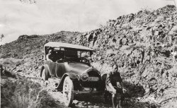 Conrad Volkert, Detroit grocer, was an early automobile enthusiast, making several trips to the west coast from Detroit in the 1920s.  This shot is labeled "Near Blythe, CA, 1922." View full size.