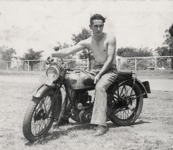 1950s Dad on single thumper BSA. Note the bald front tire. View full size.