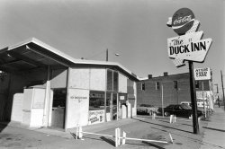 The Duck Inn, Charlottesville, Virginia. From a series of pictures I took when I was a first year student at U-Va. in 1979. On Main Street, across the street from the Amtrak station. There's just nothing like a "Home Cooken Chicken Dinner" from the Duck Inn! View full size.
Now called Mel&#039;s
gud spelink nut requrredBut I'll have a Lady Ann Deluxe any day!
Mel&#039;s CafeThat building has been Mel's Cafe since I was in school there in the late 1990s. I used to get work done by a great independent mechanic that operated out of Hiter's.
Looked Old in &#039;79, Looks Better NowIt's now Mel's Cafe at 719 W. Main. The building was maybe 20-25 years old when frobozz shot it in 1979. 37 years later, it at least looks open, and even garners 4.5 stars on Yelp.
W Shaped Rooflineis reminiscent of some prior chain of Gas or Fast Food, but Google isn't helping me.  Anybody?
Used Cars"Vokswagens." (Standard greeting: "Hei!")
Similar inn nameReminds me of a motel in the Manitoba beach town we visit annually: the Dew Drop Inn.
West Main&#039;s changed quite a bitThat building still exists, though.  John Shepherd also did some photographs of that stretch of West Main in the '70s.  http://www.cvilleimages.com/2015/02/27/john-shepherd/
Let&#039;s Duck Inn"Here for a while to rest our weary bones"
Or jokes like that, which probably abounded by all and sundry who lived, worked, or visited the place.
LaterBecame a Chinese take-out of fairly sketchy aspect. I had friends who insisted they served good food, but since my wife-to-be (from the area) made a yowling, distressed cat sound every time we drove past it, I could never bring myself to give it a try.
MartinizingI believe the building was originally a One Hour Martinizing location. 
Musical RoofStab "Accordion Roof" into Google's image search. They were very popular in the mid-20th century. (My dentist's office features one.) BTW, the Duck Inn/Mel's sign remains, mostly, waiting to be re-neonized. You listenin', Mel?
Familiar Roof LineLooks like "Ham Gravy" nailed it. The style of the roof, that is. 
(ShorpyBlog, Member Gallery)