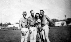 My Great Aunt Claire Levine who was with the circus for 20 years. This is a picture of her and the troupe she was with in the late 1940's, early 1950's at the summer home of the circus. The gentleman with the bandage on his forehead was my Aunt's boyfriend. View full size.