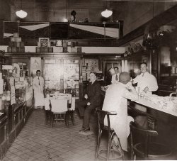 This is a picture of my father, Fred T. Massie. It was taken when he was about 18 in around 1928. Although still in high school, he was already managing this drugstore in Norfolk, Virginia. Daddy is the handsome young man in the foreground wearing the "Hollywood" smile. View full size.