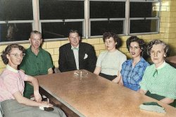 Ronald Reagan became the host of General Electric Theater in 1954. After eight years as host, Reagan estimated he had visited 135 G.E. research and manufacturing facilities, and met 250,000 people. This is one such visit to the G.E. plant in Lexington, KY. My great aunt Gloria Johnson, seated on the left, was kind enough to send me this picture. Reagan often credited these engagements as helping him with his public speaking abilities. View full size.