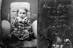 My great-great-grandfather, Herman Wogatske. Tin type, front and back. Scratched into the varnish on the back: Herman Wogatzke, (line 2 unknown), Meriden, Conn., (lines 5 and 6 unknown). View full size.