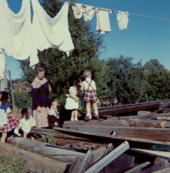 Kemptville, Ontario, probably 1960.
The pile of wood was, I think, the summer kitchen which had been attached to the house where I lived. This was a birthday party for one of the kids who lived next door to us. I'm not sure that clambering all over a pile of splintery, rusty-nail-filled wood is the safest of party games but I don't think anyone got Tetanus, so all is well that ends well. View full size.
I originally thought the boy in tartan was my childhood boyfriend, However, after getting an email from him out of the blue, some 45 years after I last saw him, he tells me it wasn't him.
re: Birthday Party 1960I took a stab getting that washday white back into the laundry.
Thanks!I tried my best with it. The original photo was kept in one of those sticky albums and, as a result, it yellowed.
(ShorpyBlog, Member Gallery)