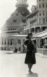 This picture is of my mother Gladys Wagner.  There was nothing on the back to tell me where or when the picture was taken, but I'd love to know.  Mother was born in 1901 and she appears quite young in this photo. View full size.
Mum Liked it HotThat's the Hotel del Coronado in San Diego, California - the hotel featured in the classic Billy Wilder comedy Some Like it Hot.
Hotel CoronadoI would like to read more of the biography of your mother. The photos make me think she was a very interesting lady.
The place to be in the 20&#039;sThis is how the Hotel del Coronado, San Diego c. 1920 looked like when the Prince of Wales, later King Edward VIII, visited San Diego in the 20's. He had dinner at the Hotel.
Looks like others beat me to itThe Hotel Del Coronado; still beautiful after all these years!  Actually the last time I was there was in 1990, but it's still going strong, just google "hotel del"...
(ShorpyBlog, Member Gallery)