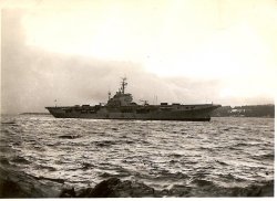 I'm really looking for some help with this one. The caption that was one the original photo says "American Carrier, 1950." The trouble is that it's not an American carrier at all, if for no other reason than the fact that there's a White Ensign flying on the fantail (there are other indicators as well). The photo was one of a series that was taken near Victoria B.C. and the most obvious guess - that this is the Canadian carrier HMCS Magnificent - is also a wrong guess since Magnificent was based out of Halifax on the east coast. Clearly then this was a British carrier, possibly on the way to Korea, but what ship?