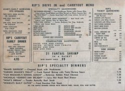 Back of the 1956 menu from my dad's drive-in restaurant, which was on the corner of Joy Road and Inkster Road in Dearborn, Michigan. (Which became Dearborn Heights, Michigan a few years later.)

The drive-in was in operation until the mid-80's. View full size.