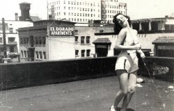 Woman posing on a rooftop. Found in a lot of photos purchased at auction. View full size.
Aunt  I have adopted this lady as my new aunt.  She always dazzled us as kids, she taught us that life was electric.  There are stories to be told over in the El Dorado. 
(ShorpyBlog, Member Gallery)