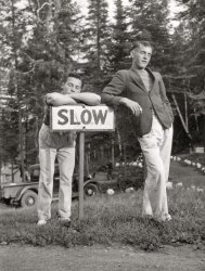 Dad on the left with Al, his future best man, goofing around at Boulevard Lake here in Thunder Bay, Ontario. Note the cool little Model A pickup in the background. Dad and Mom got married in 1941, the year before he entered the Canadian armed forces. He was stationed in Victoria, BC, where I was born in 1944. View full size.