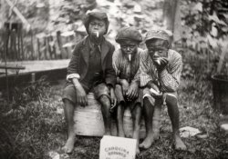 Not much known - inherited from an Uncle who lived in New Orleans. Original image. View full size.
FacesTheir faces make them look so old already. The kid on the right looks really bummed.
Hard TimesThose guys really knew what "hard times" were.  The good old days weren't so good for them.
(ShorpyBlog, Member Gallery, Kids)