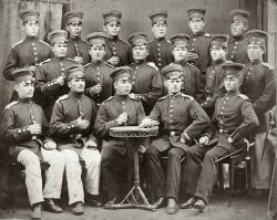 Possibly a Prussian Army picture, taken in the 1870s.

My great-great grandfather (Wilhelm), front row, second from left, in the white trousers. He was born in Posen, Prussia (now Poznan, Poland) in 1859, immigrated to the United States in the early 1880s and purchased a farm in Michigan. View full size.