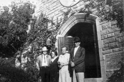 From grandmother's album. No notes on the back but I'm taking it that these are relatives and with their somber faces likely at a funeral. The church is located at Forest Lawn, Glendale CA.